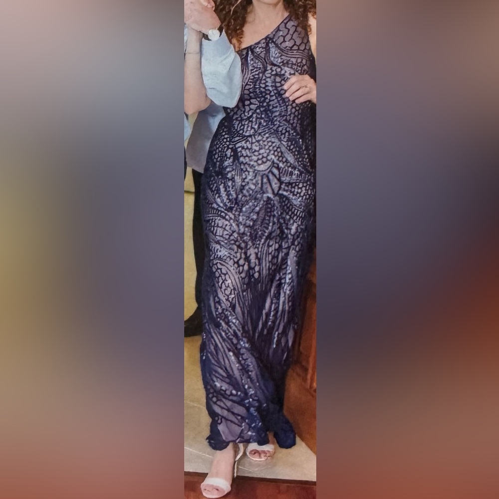 Size 10 shimmer the night away in this full length one shoulder Nightway dress.
